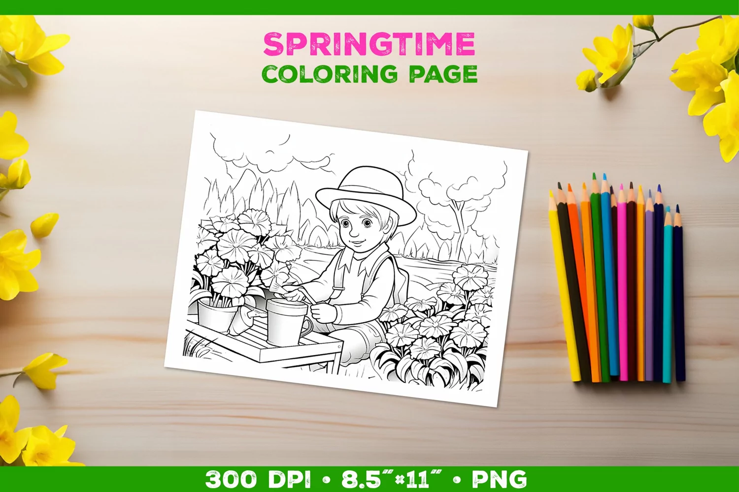 Springtime Garden Fun: Coloring Page with Boy Tending Garden product image 1
