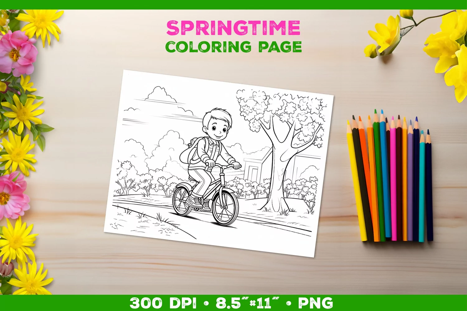 Coloring page for children with a smiling boy on a bicycle product image 1
