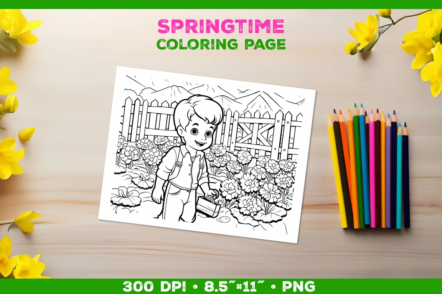 Springtime Garden Fun: Coloring Page with Boy Tending Garden product image 1