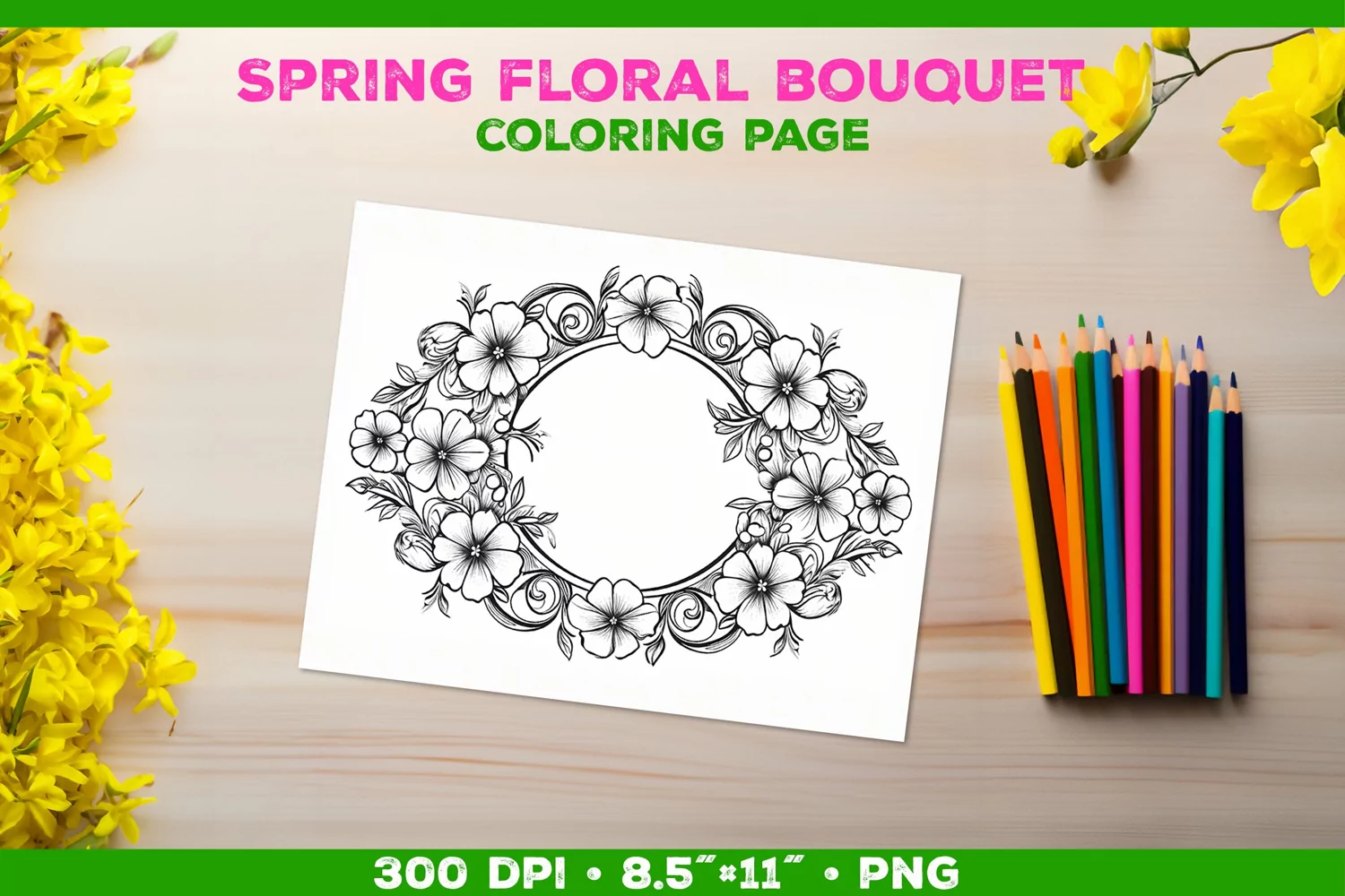 Spring floral bouquet coloring page. Kids coloring book product image 1