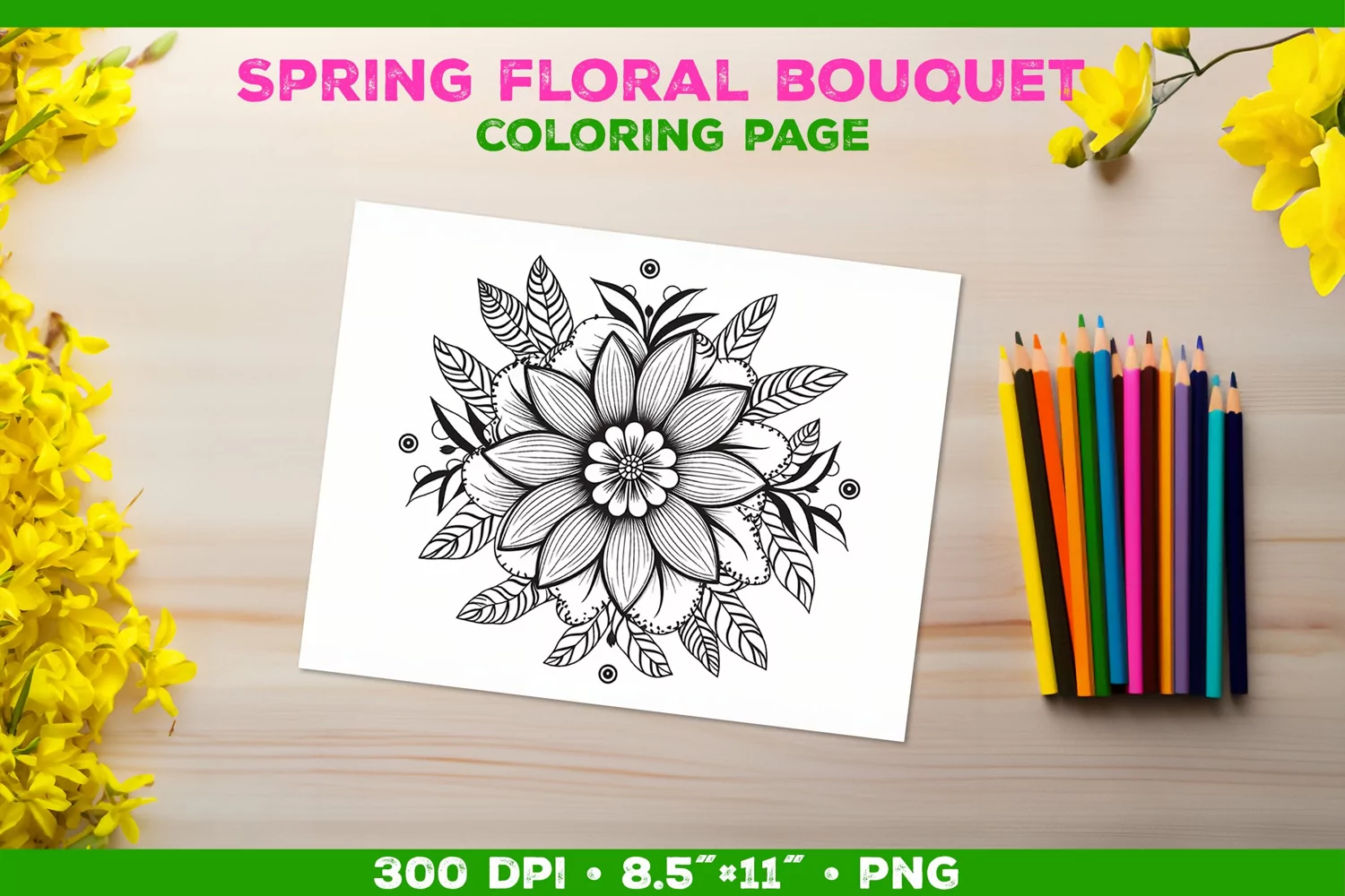 Spring floral bouquet coloring page. Kids coloring book product image 1
