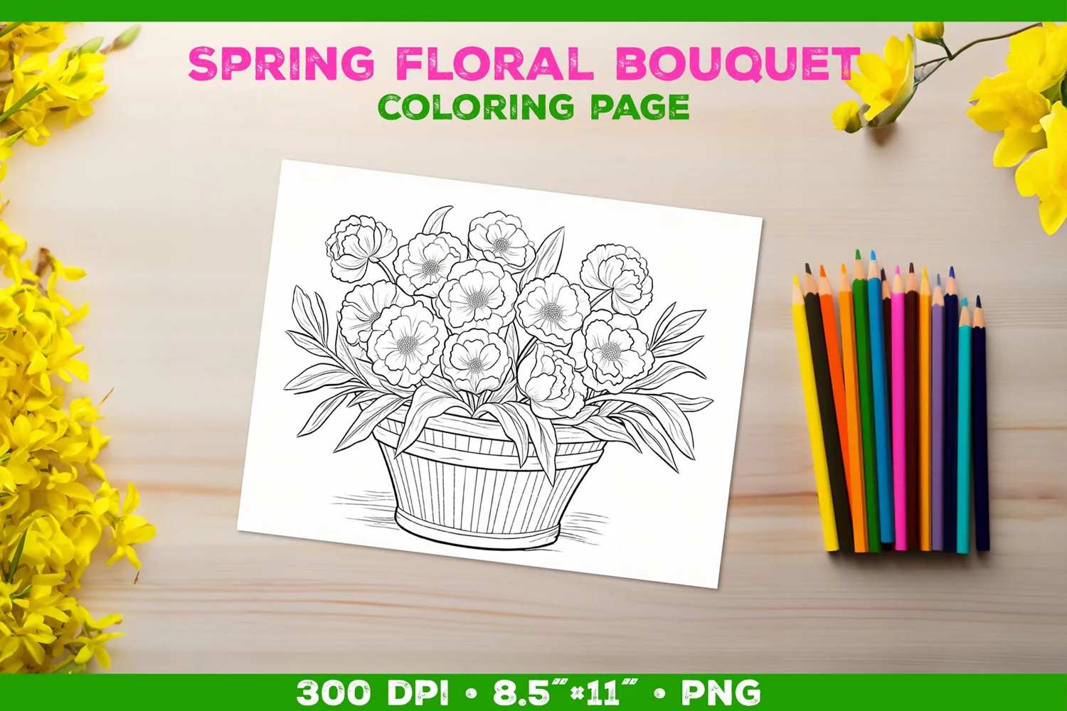 Spring floral bouquet coloring page. Kids coloring book product image 1