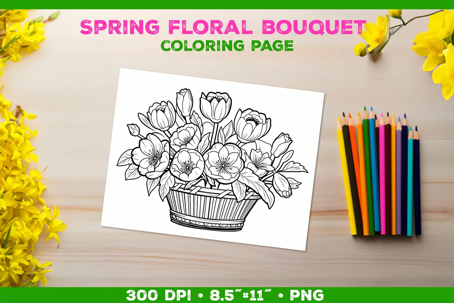 Spring floral bouquet coloring page. Kids coloring book product image 1