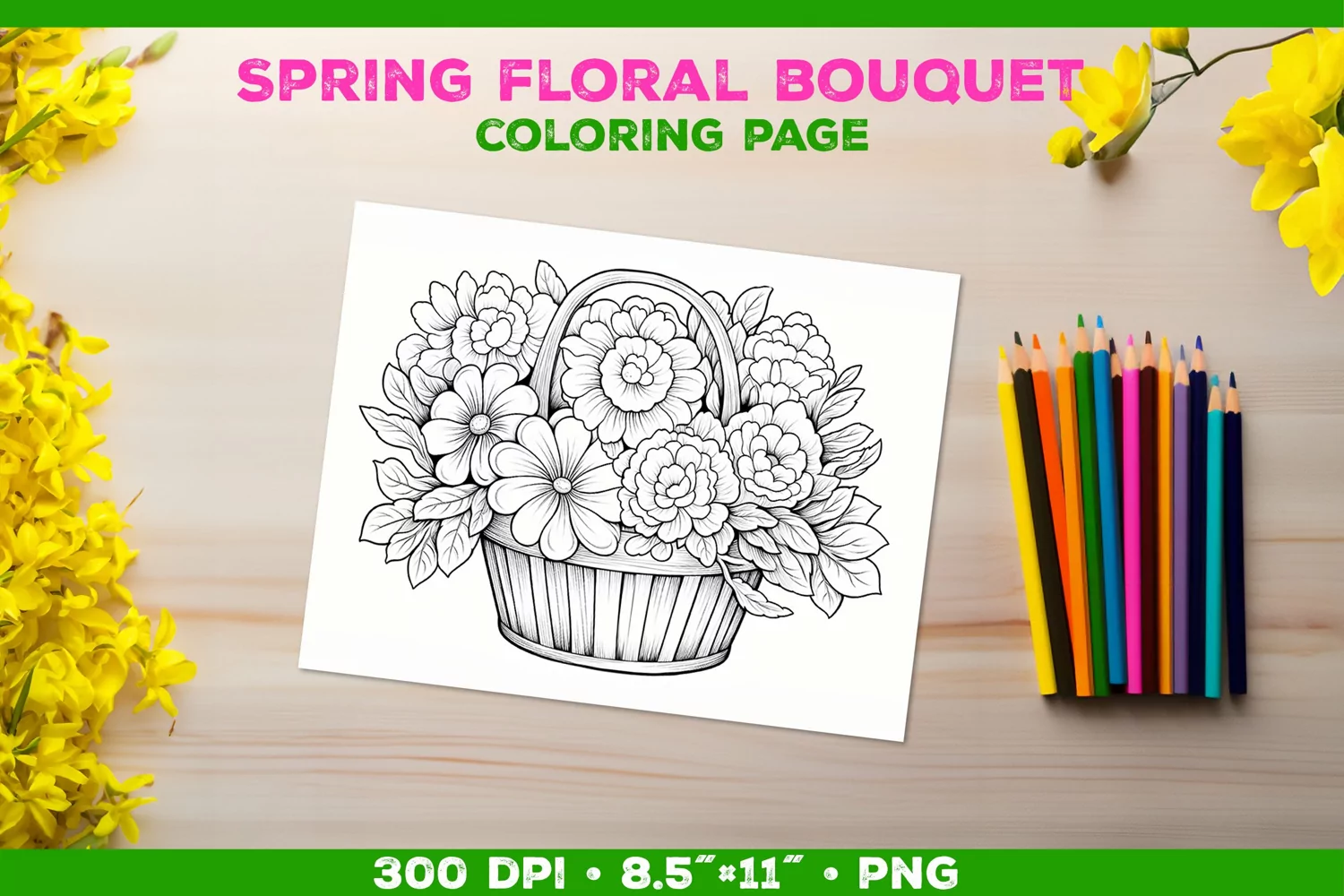Spring floral bouquet coloring page. Kids coloring book product image 1