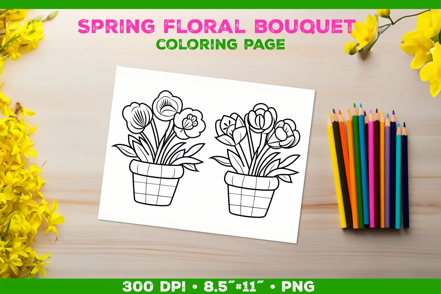 Spring floral bouquet coloring page. Kids coloring book product image 1