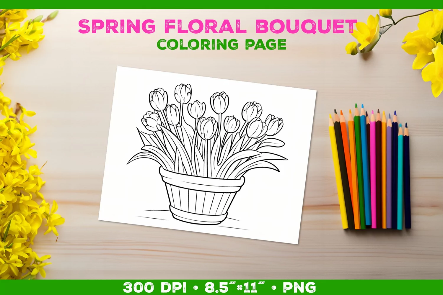 Spring floral bouquet coloring page. Kids coloring book product image 1