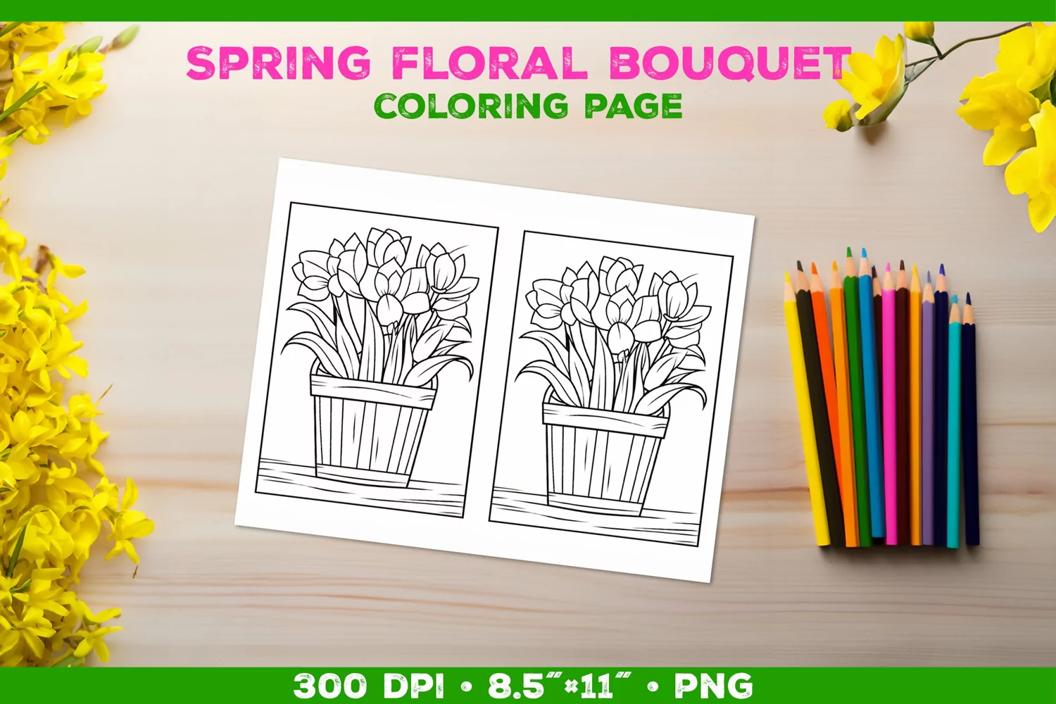 Spring floral bouquet coloring page. Kids coloring book product image 1