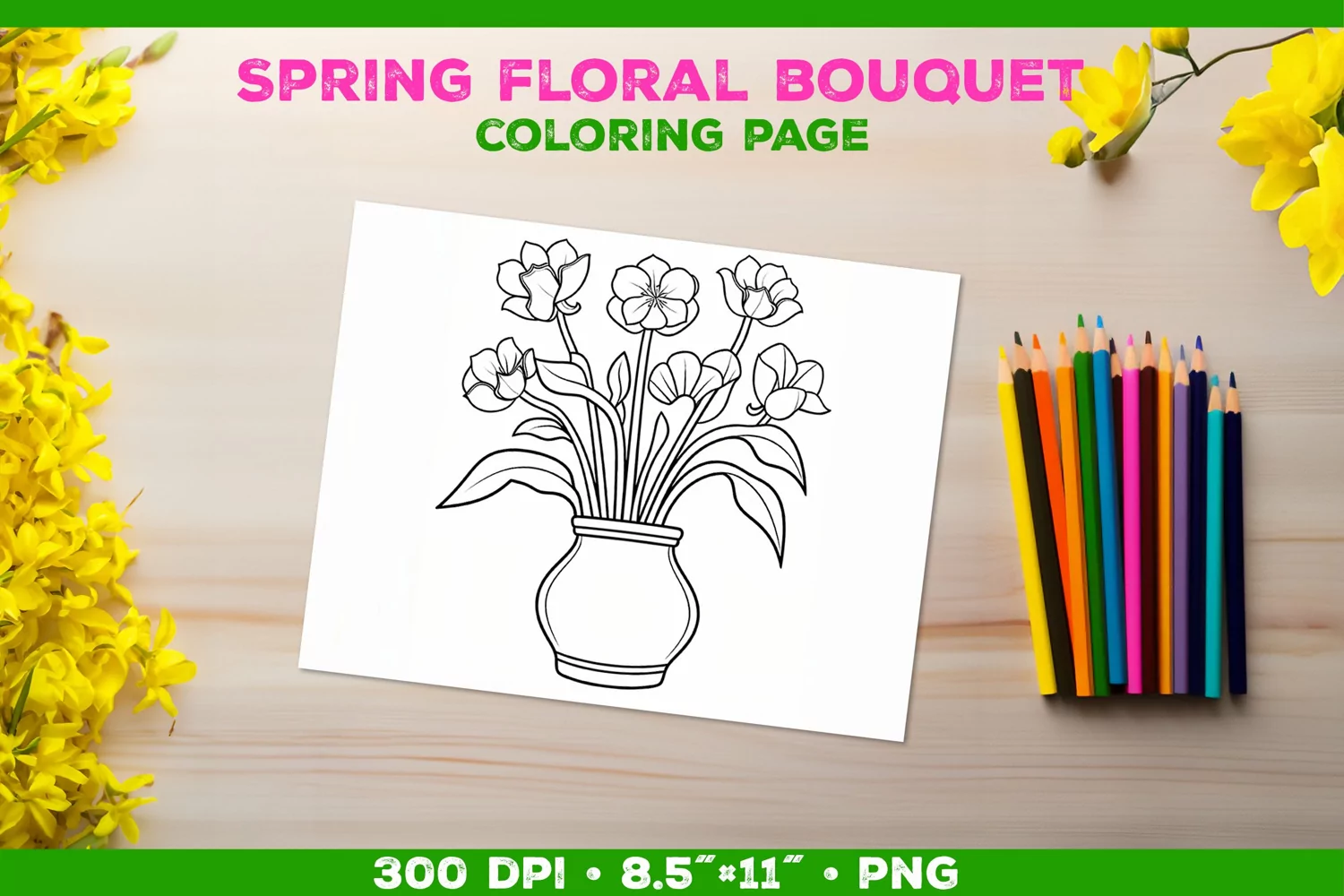 Spring floral bouquet coloring page. Kids coloring book product image 1