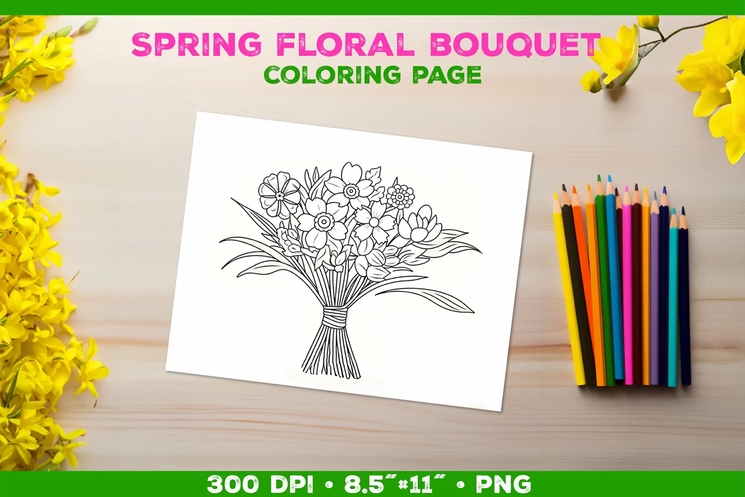 Spring floral bouquet coloring page. Kids coloring book product image 1