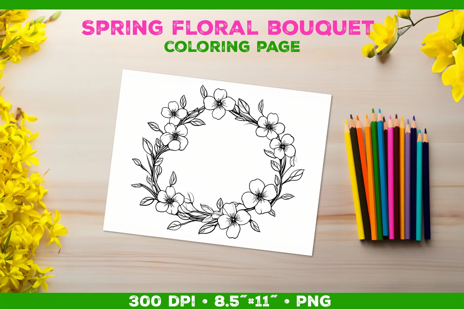 Spring floral bouquet coloring page. Kids coloring book product image 1
