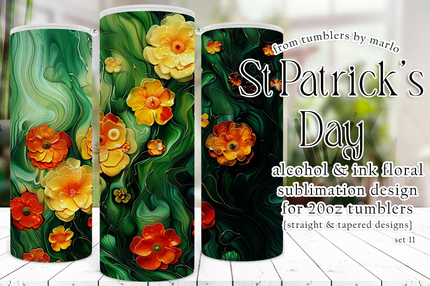 Alcohol Ink Tumbler, St Patrick's Day Floral Tumbler, d11 product image 1