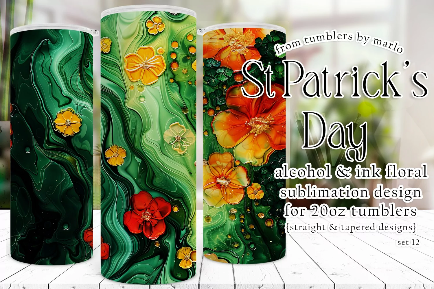 Alcohol Ink Tumbler, St Patrick's Day Floral Tumbler, d12 product image 1