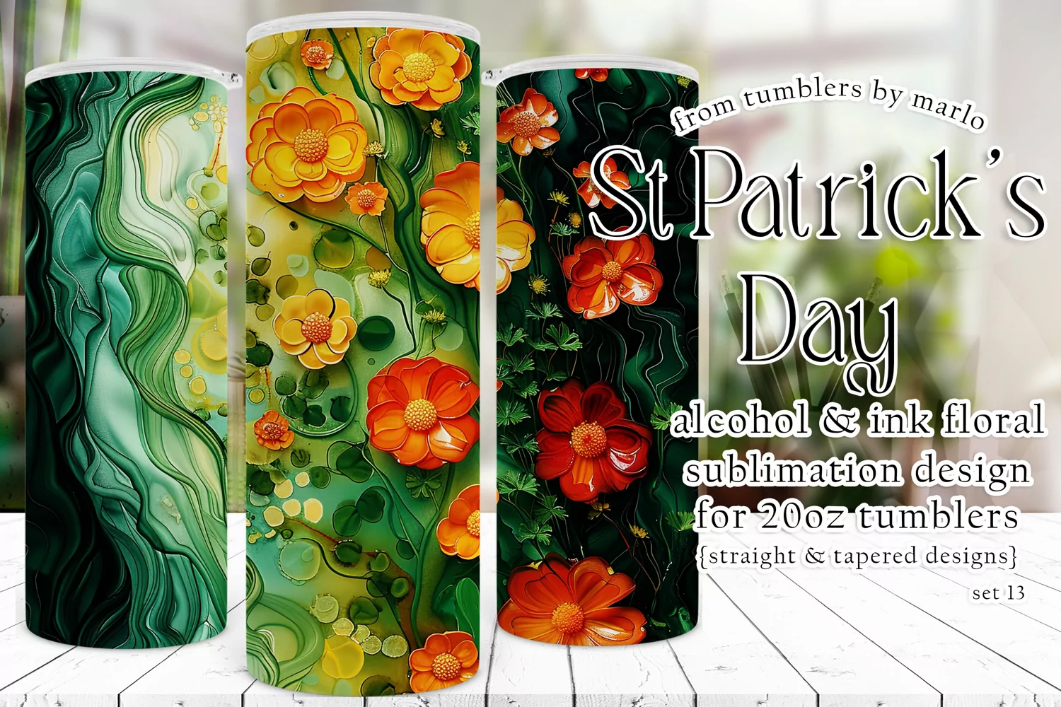 Alcohol Ink Tumbler, St Patrick's Day Floral Tumbler, d13 product image 1
