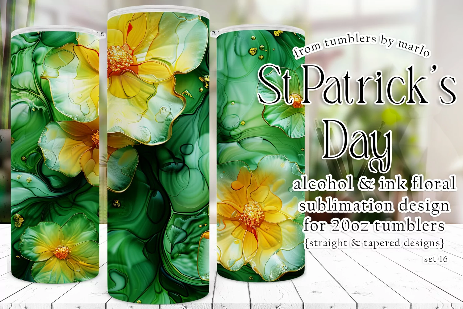 Alcohol Ink Tumbler, St Patrick's Day Floral Tumbler, d16 product image 1
