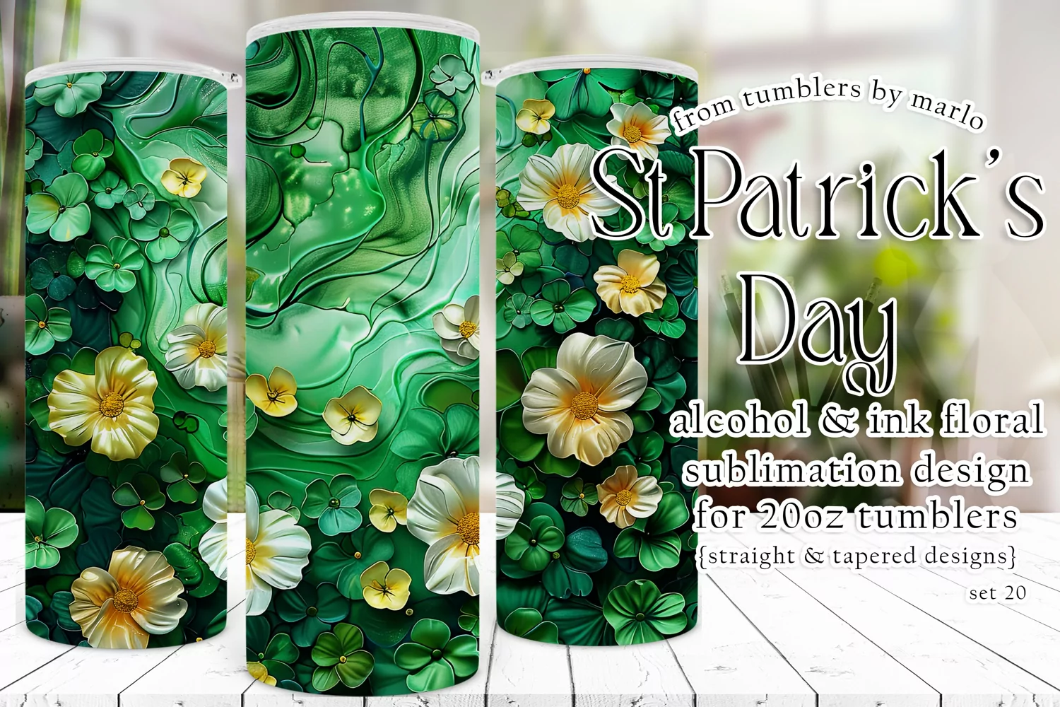 Alcohol Ink Tumbler, St Patrick's Day Floral Tumbler, d20 product image 1