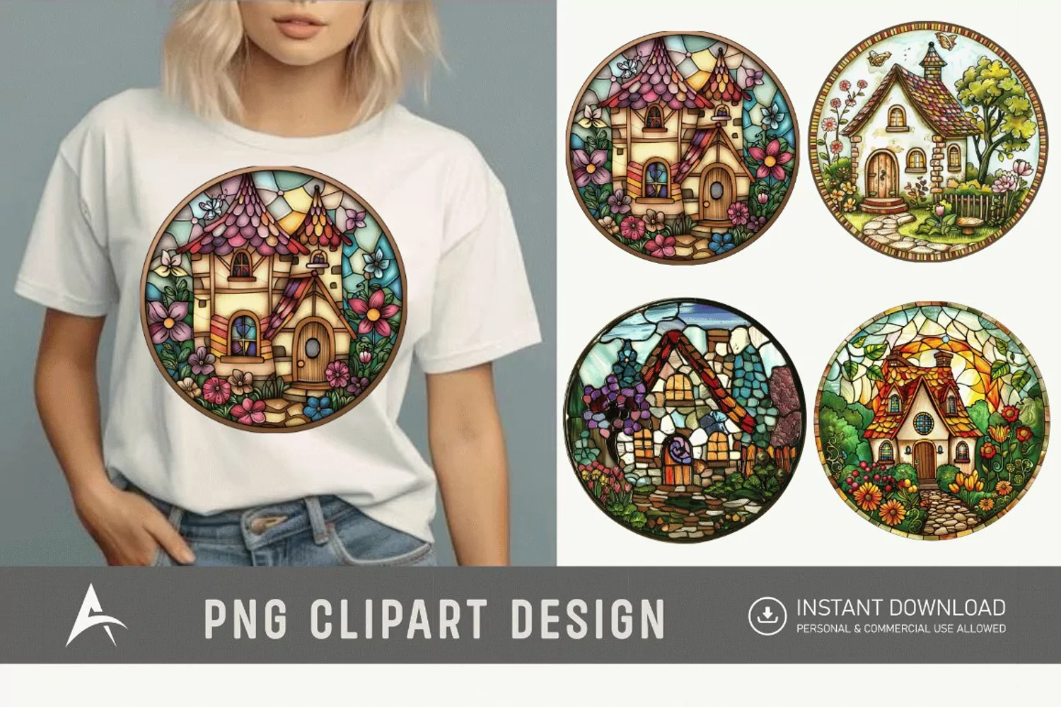 Watercolor Stained Glass Spring Cottage Clipart product image 1