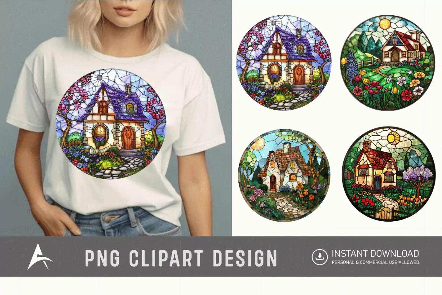 Watercolor Stained Glass Spring Cottage Clipart product image 1