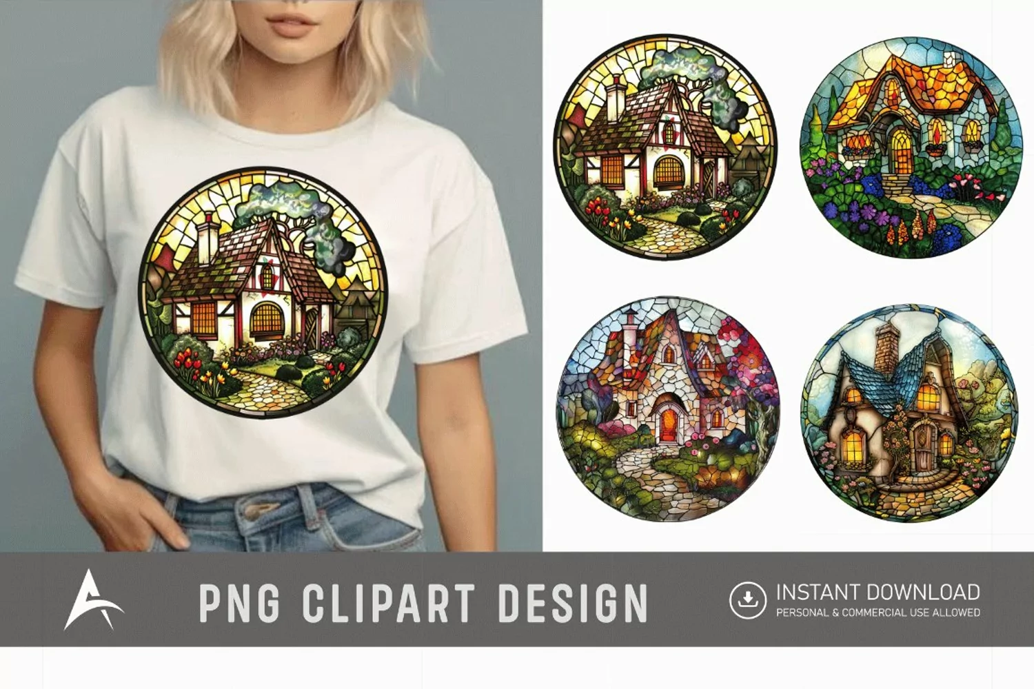 Watercolor Stained Glass Spring Cottage Clipart product image 1