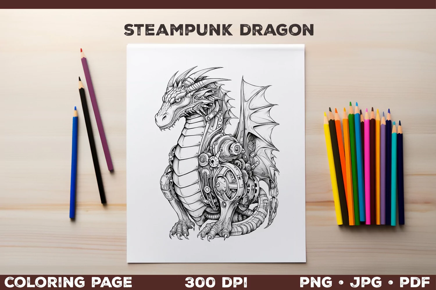 Enchanting Steampunk Dragon Coloring Page product image 1