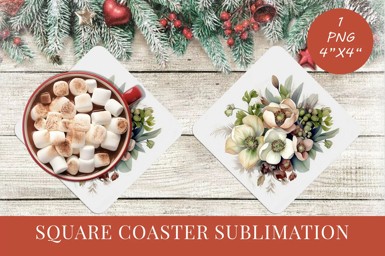 Winter Flowers Christmas coaster Square coaster Sublimation product image 1