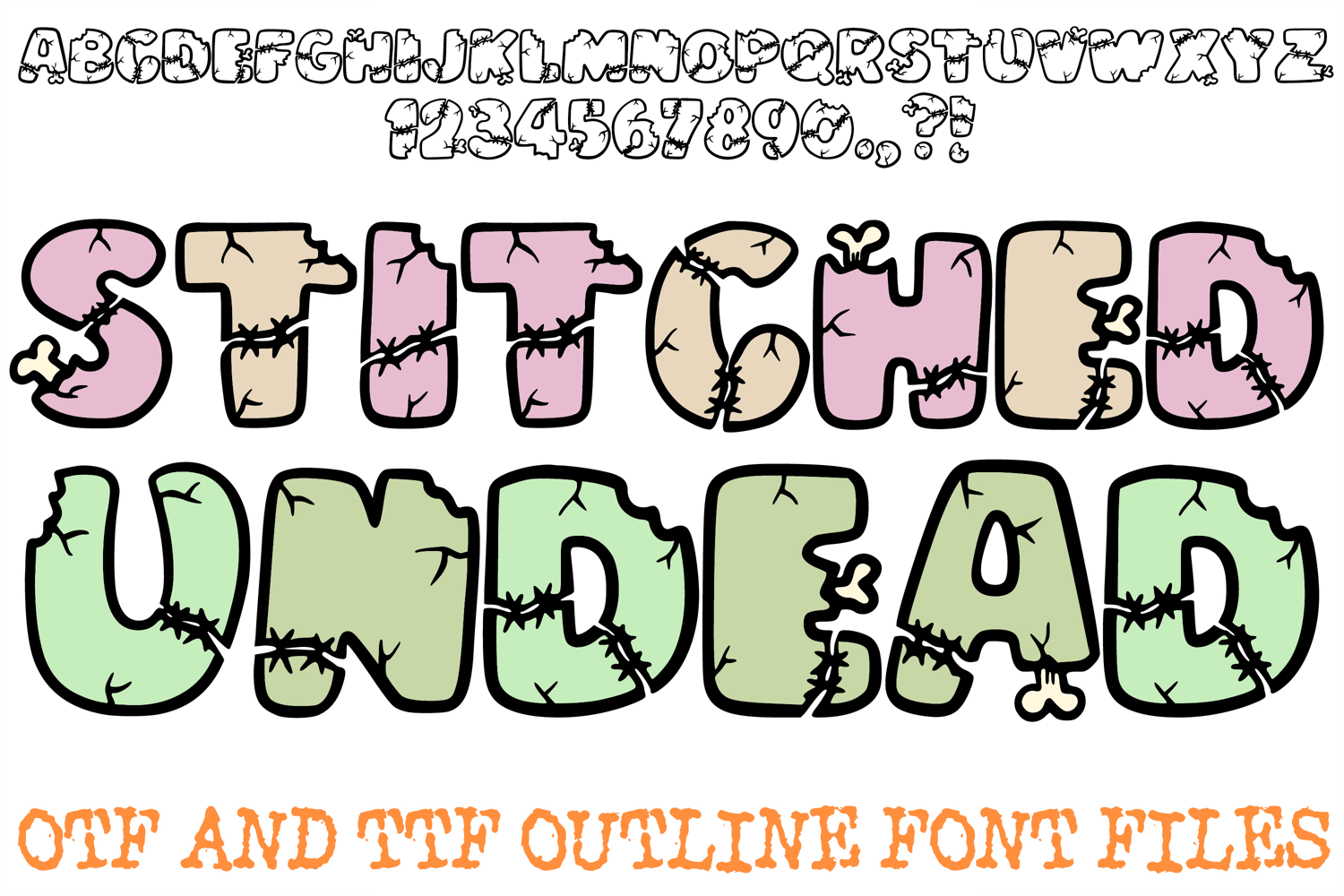 Stitched Undead Lettering Font Cartoon Halloween ABC OTF Type by Squeeb Creative
