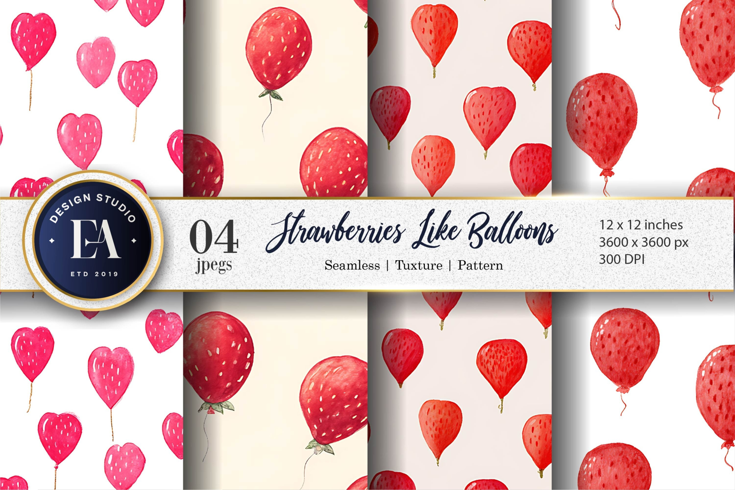 Strawberries with Balloon Shapes Seamless digital Paper product image 1