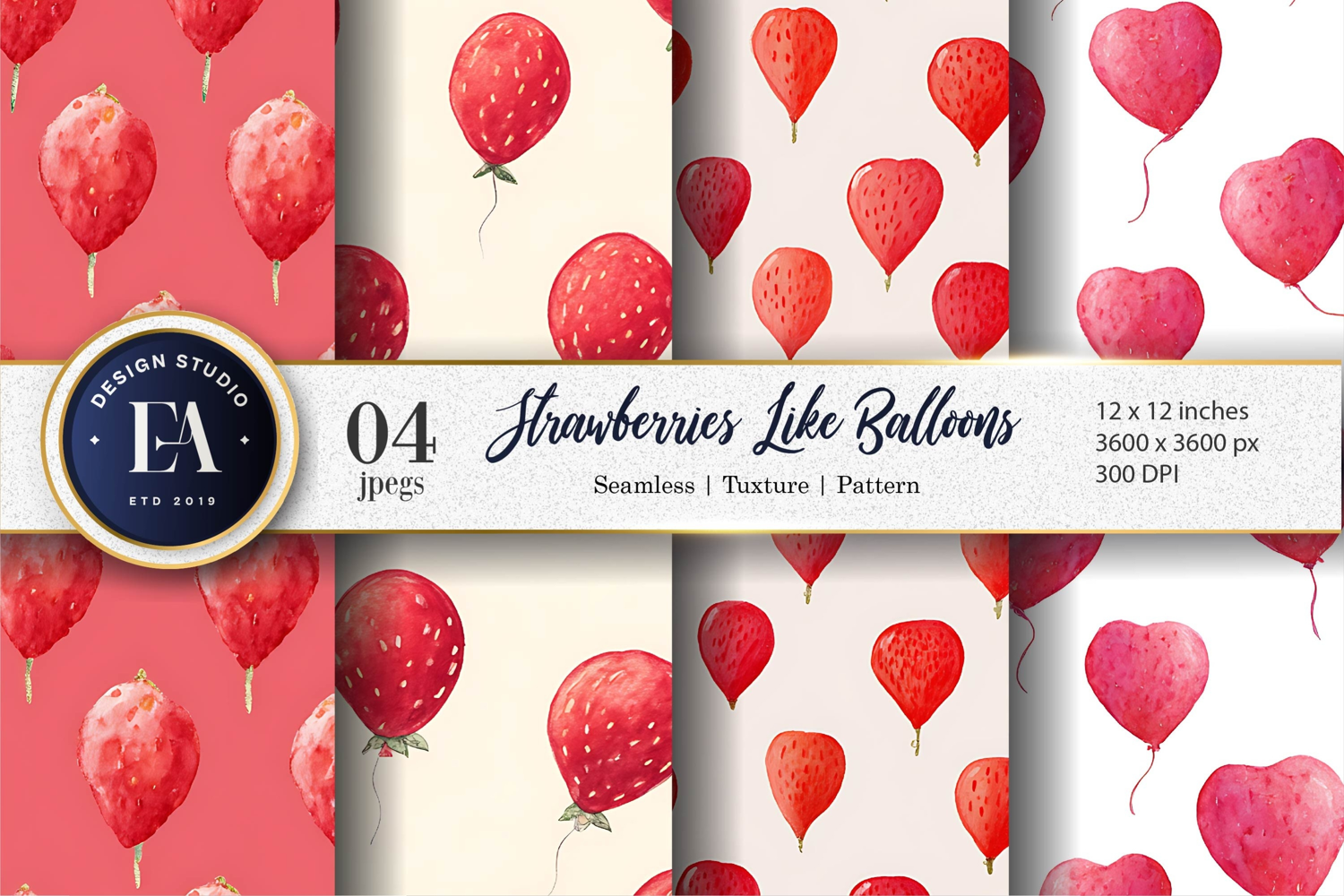 Strawberries as Floating Balloons Watercolor Digital Paper product image 1