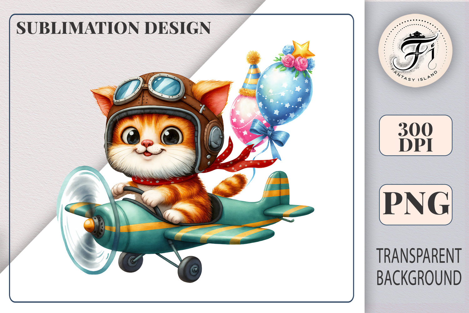 Striped cat flying a colorful plane with balloons and stars – perfect clipart for party decor, printables, and stickers.