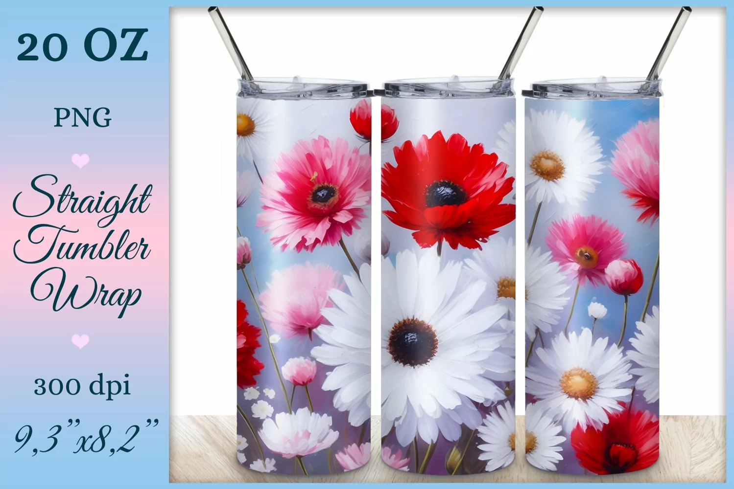 This enchanting sublimation tumbler wrap design encapsulates the serene beauty of meadow flowers, poppies and dandelions, bringing a touch of nature's elegance to your everyday routine.