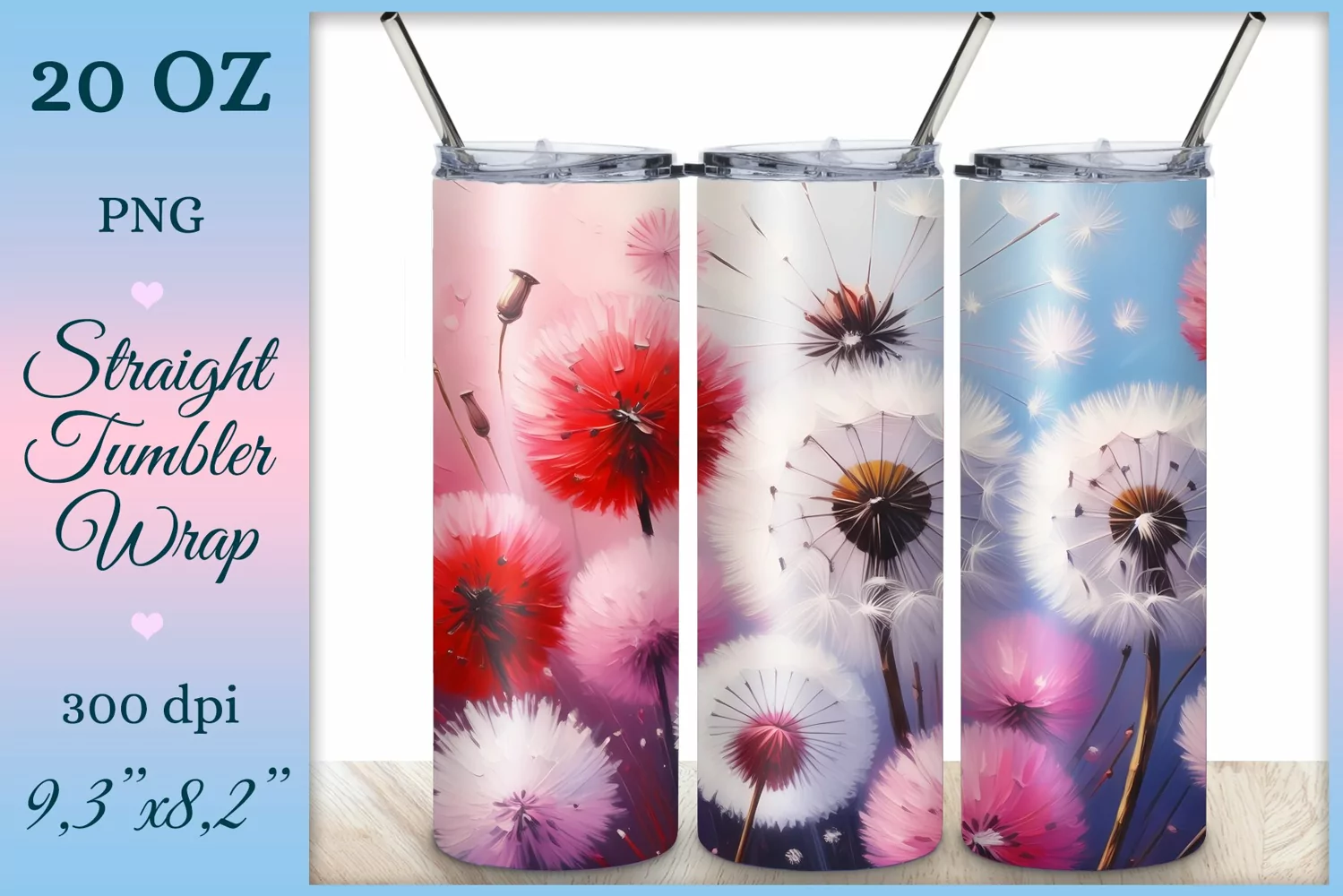 This enchanting sublimation tumbler wrap design encapsulates the serene beauty of meadow flowers, poppies and dandelions, bringing a touch of nature's elegance to your everyday routine.