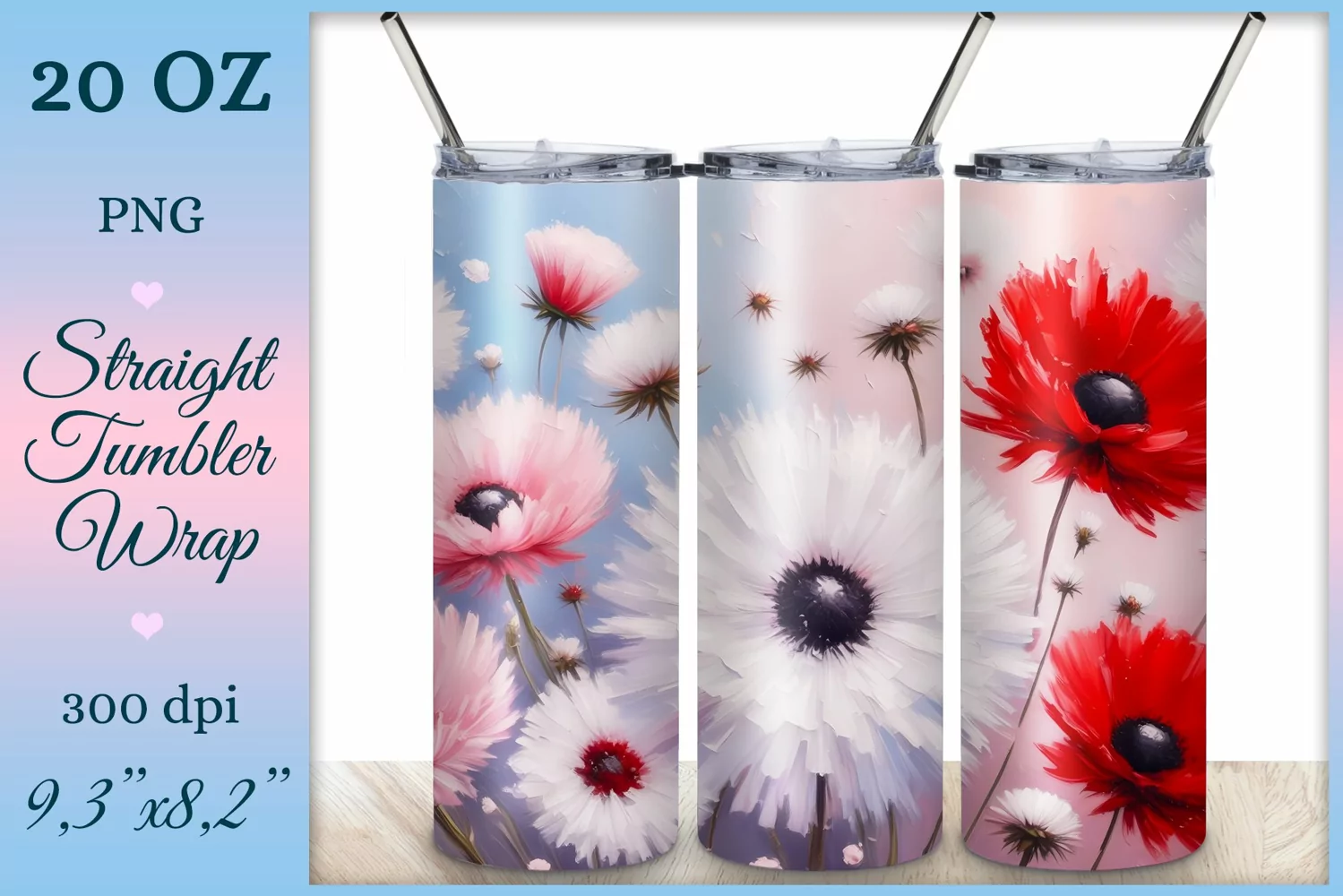 This enchanting sublimation tumbler wrap design encapsulates the serene beauty of meadow flowers, poppies and dandelions, bringing a touch of nature's elegance to your everyday routine.
