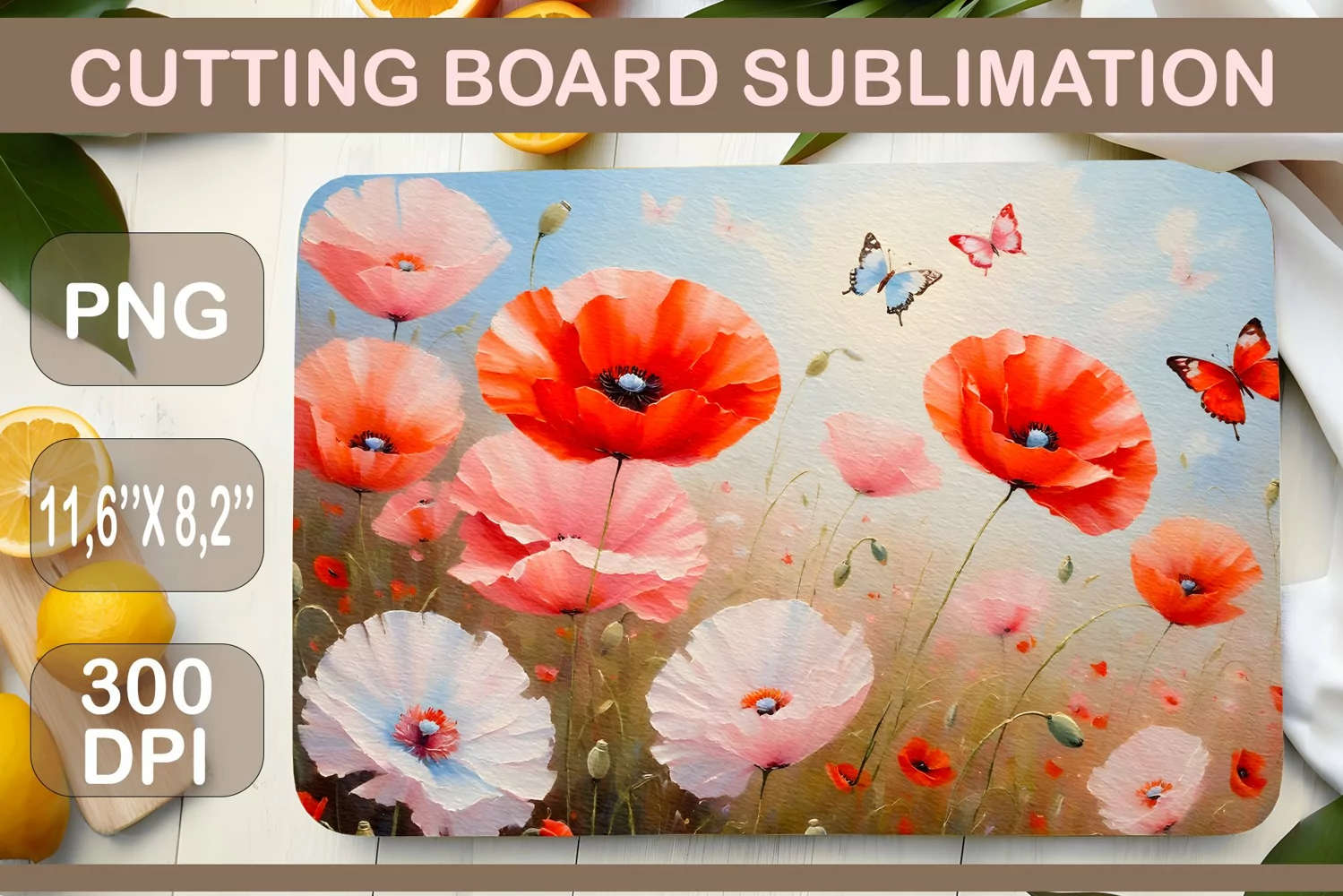 Meadow Flowers. Beautiful sublimation design for kitchen cutting board. A watercolor painting that will bring touches of natural beauty right to your kitchen surface.