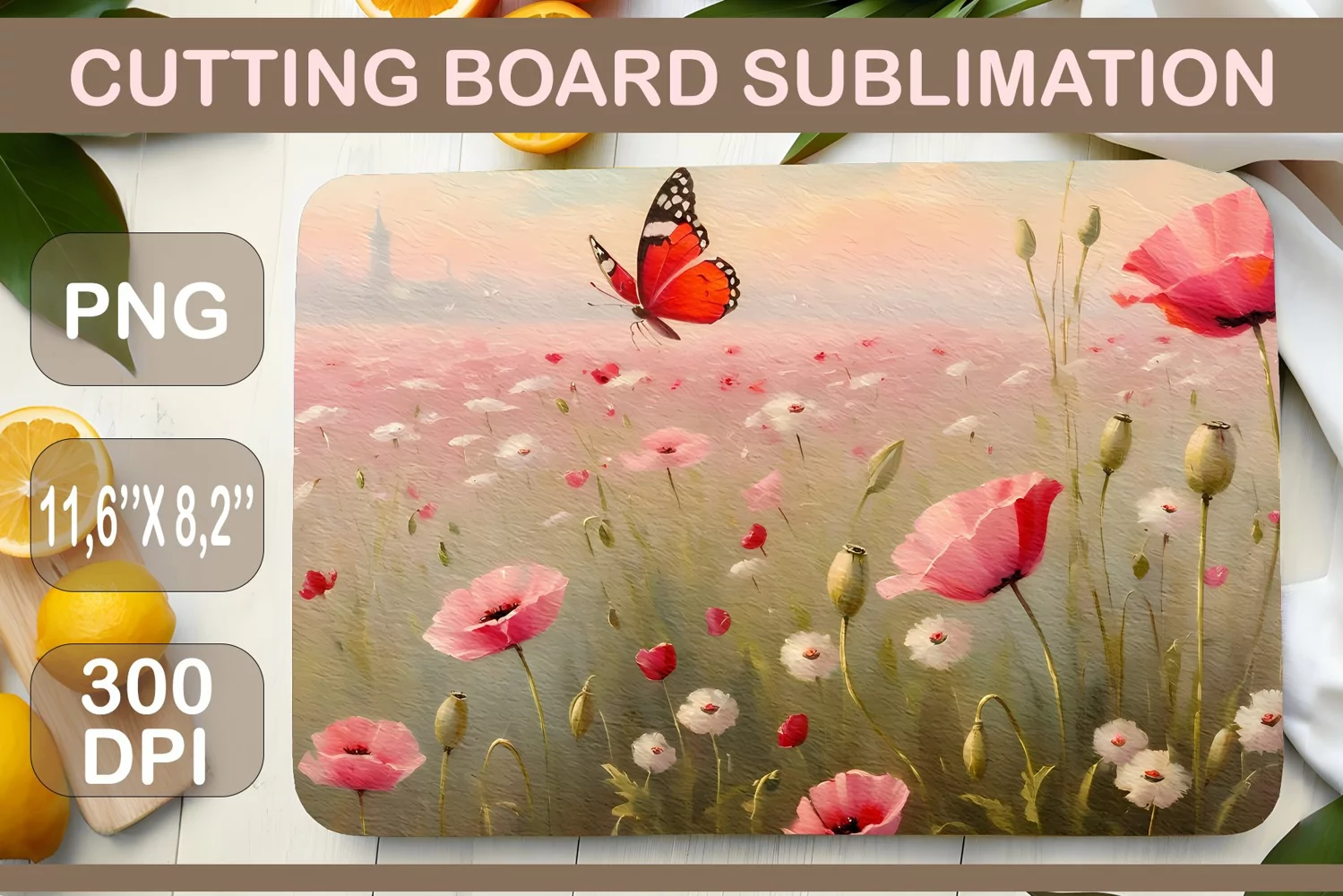 Meadow Flowers. Beautiful sublimation design for kitchen cutting board. A watercolor painting that will bring touches of natural beauty right to your kitchen surface.