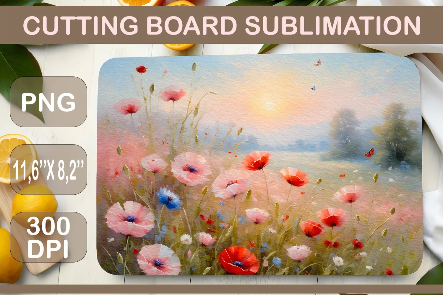 Meadow Flowers. Beautiful sublimation design for kitchen cutting board. A watercolor painting that will bring touches of natural beauty right to your kitchen surface.