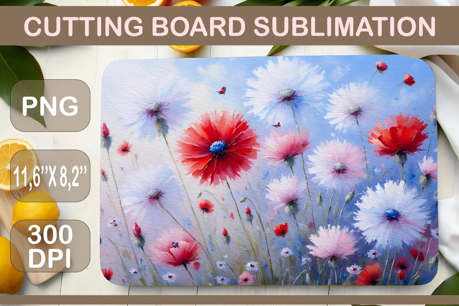 Meadow Flowers. Beautiful sublimation design for kitchen cutting board. A watercolor painting that will bring touches of natural beauty right to your kitchen surface.