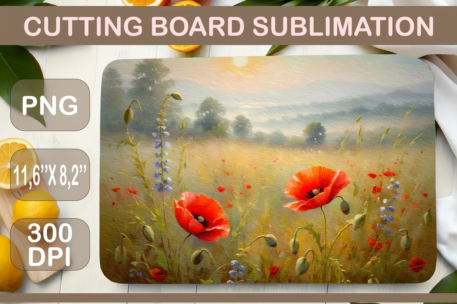Meadow Flowers. Beautiful sublimation design for kitchen cutting board. A watercolor painting that will bring touches of natural beauty right to your kitchen surface.