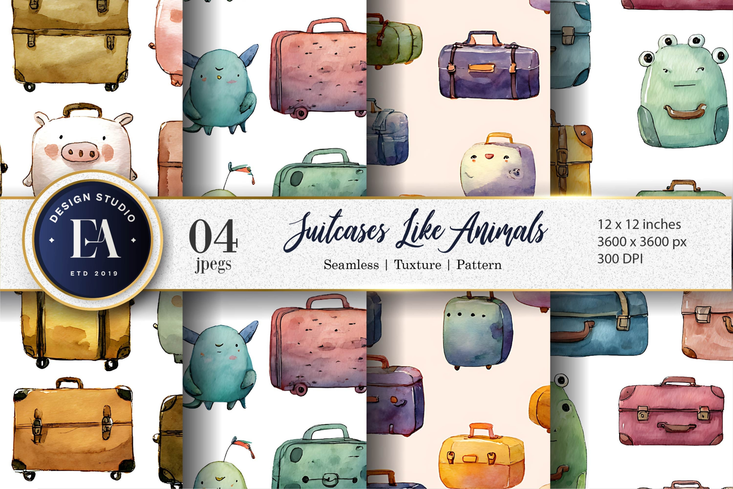 Watercolor Suitcases Shaped Like Animals Digital Paper product image 1