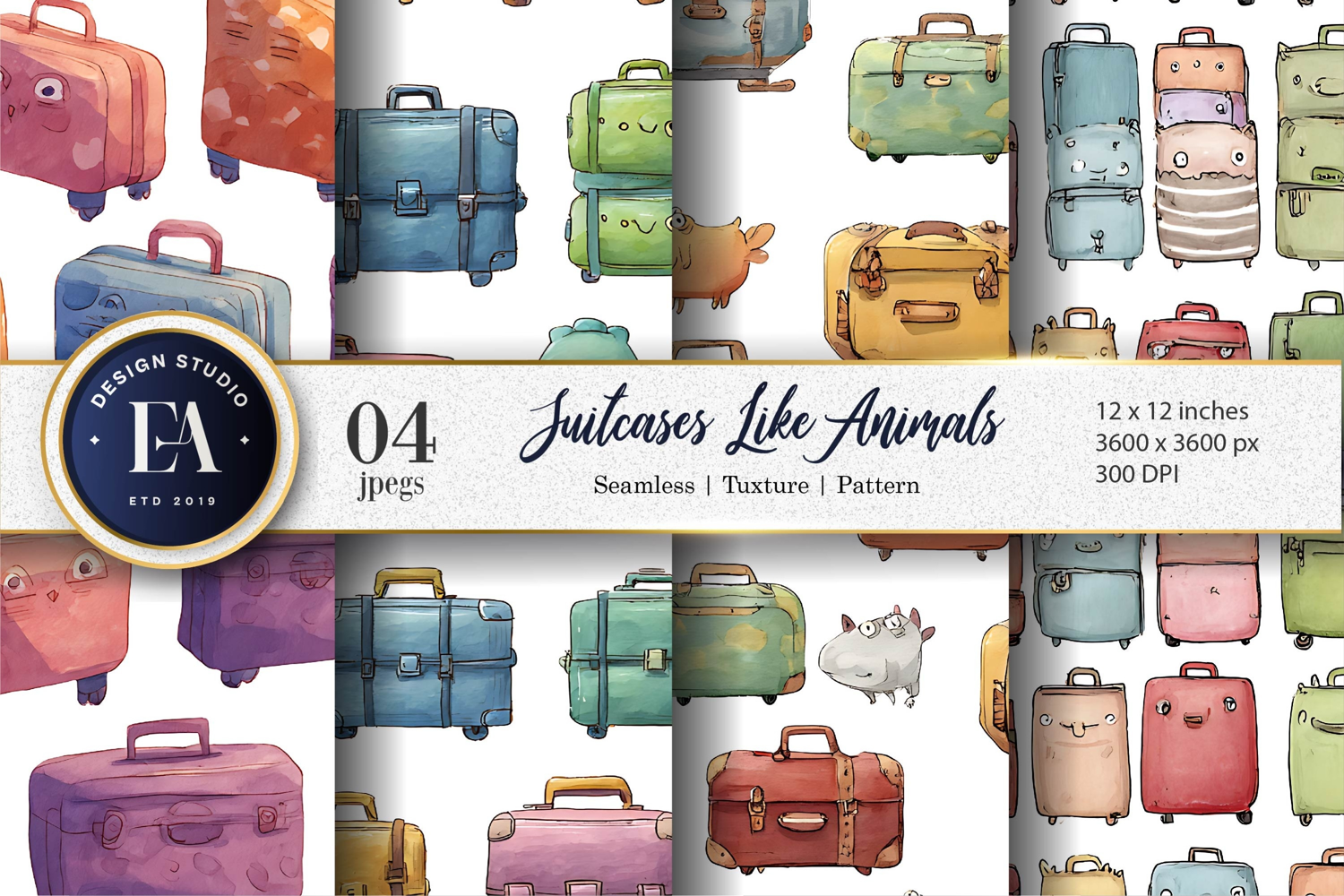Suitcases Shaped Like Tiny Animals Watercolor Digital Paper product image 1