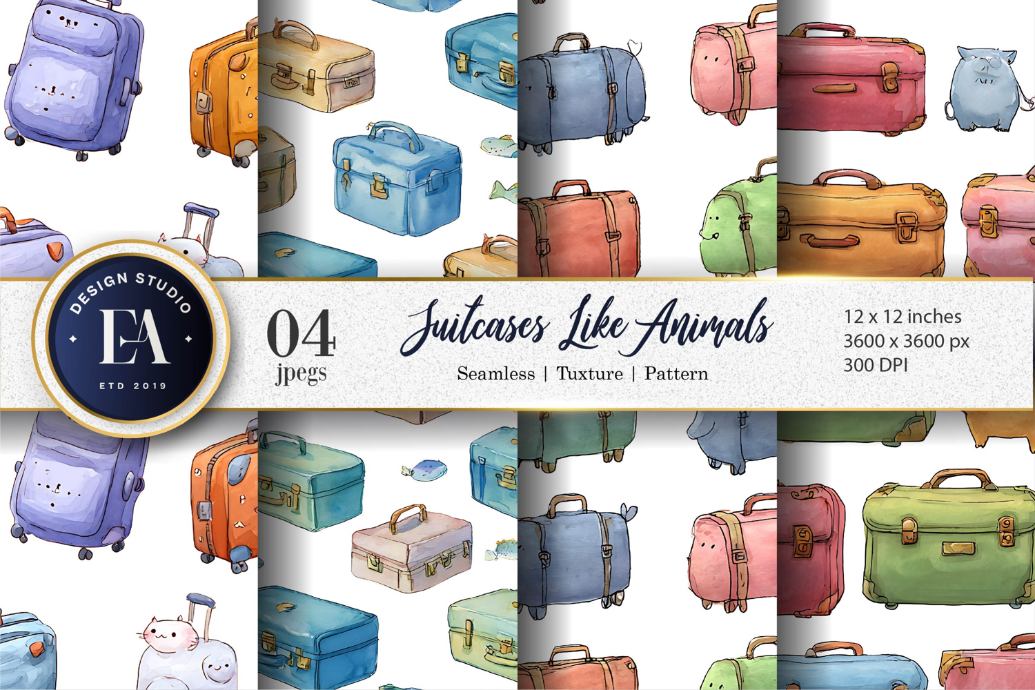 Watercolor Suitcases Shaped Like Animals Digital Paper product image 1