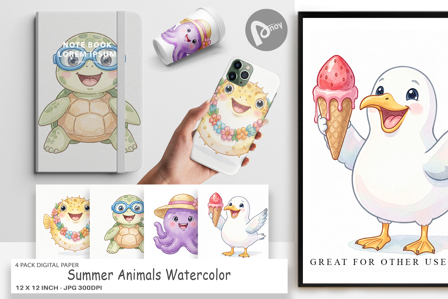 Summer Animals Watercolor Digital Paper product image 1