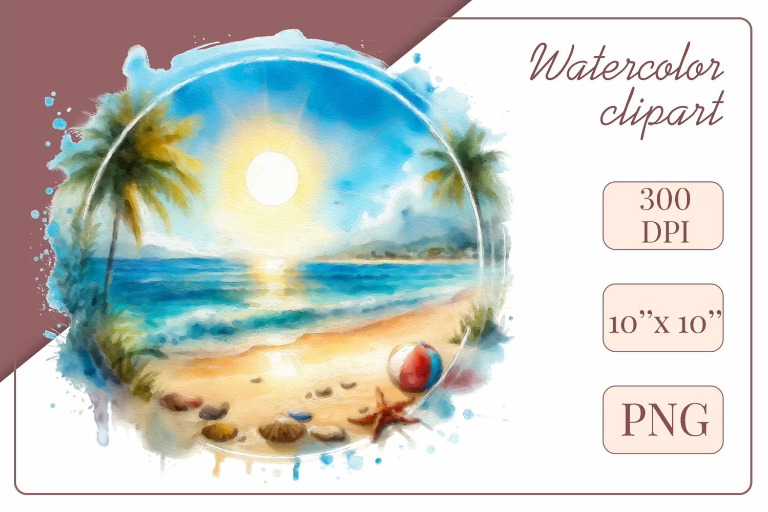Explore our collection of vibrant watercolor clipart capturing the essence of summer beach relaxation. Perfect for cards, invitations, banners and websites, these designs infuse your projects with freshness, brightness, and joyful vibes