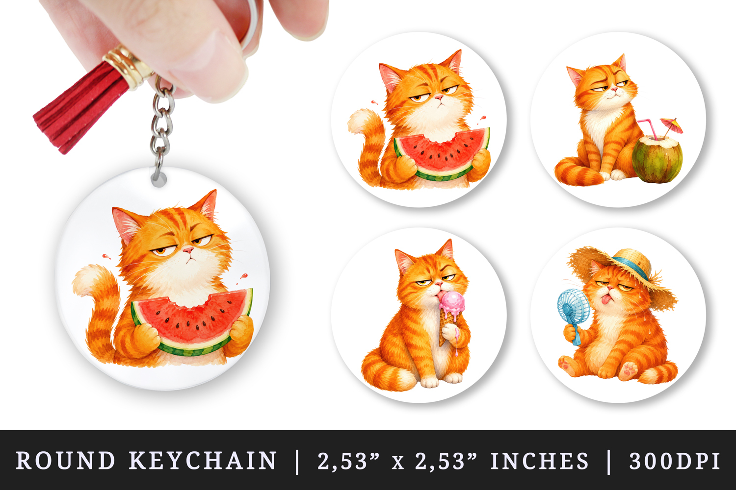 Summer Cat round keychain pintable sublimation design png product image 1