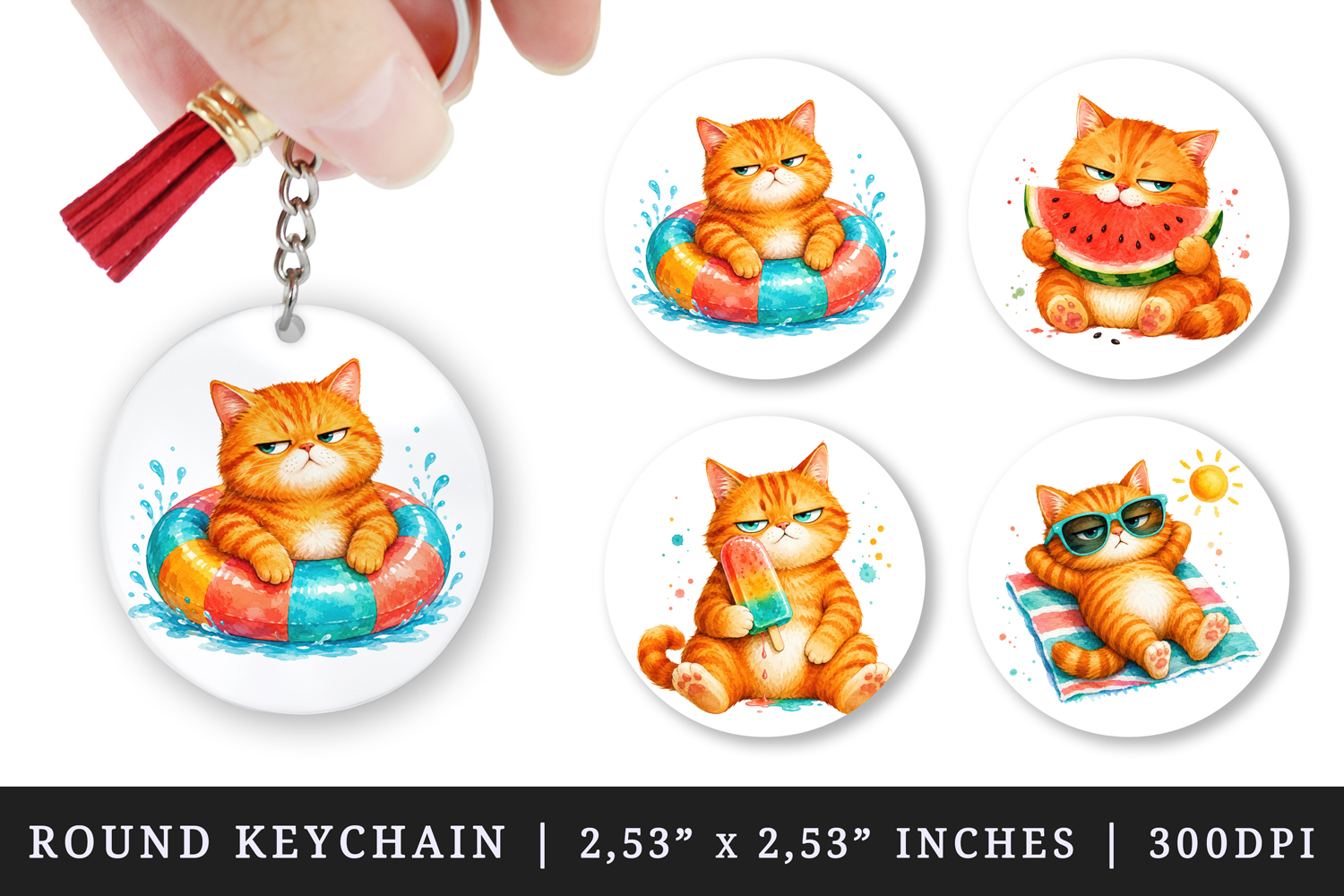 Summer Cat round keychain pintable sublimation design png product image 1