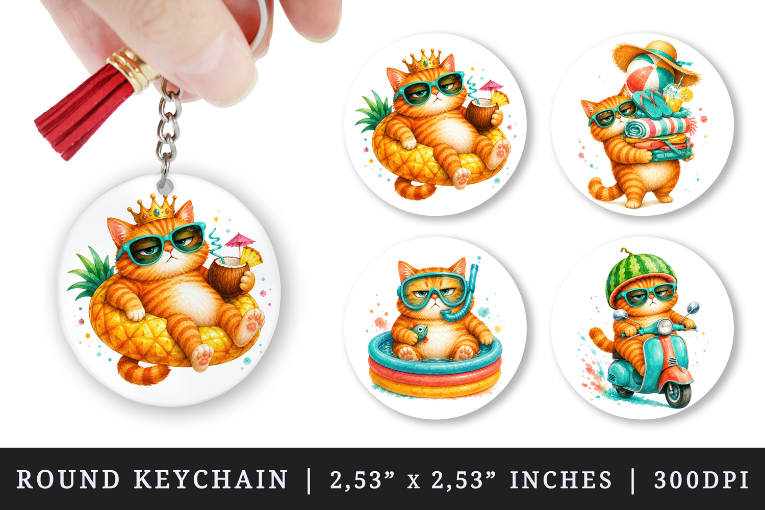 Summer Cat round keychain pintable sublimation design png product image 1