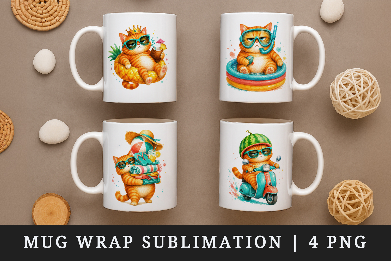Summer Cat mug wrap printable sublimation design product image 1