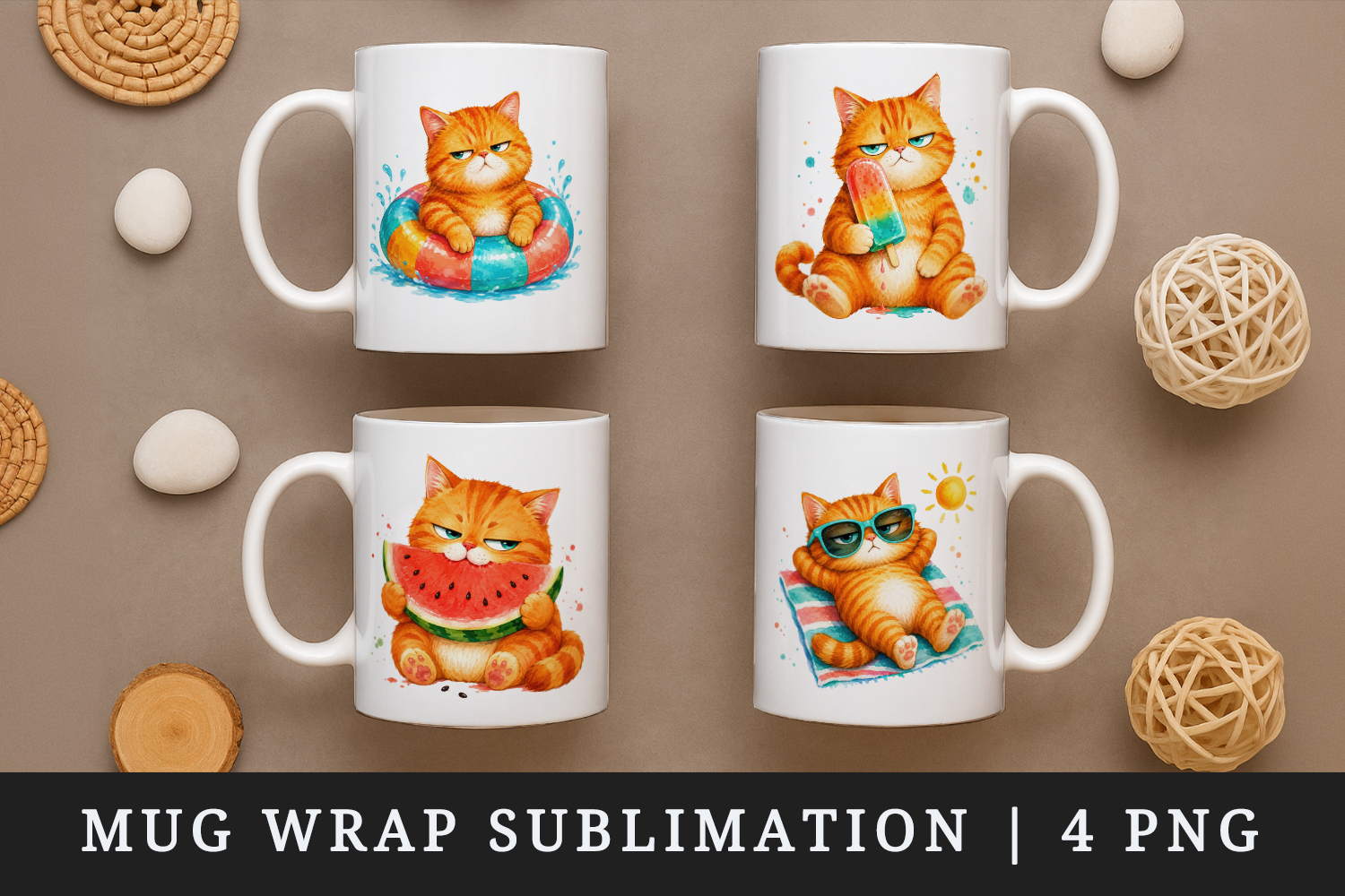 Summer Cat mug wrap printable sublimation design product image 1