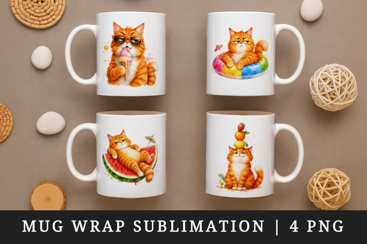Summer Cat mug wrap printable sublimation design product image 1
