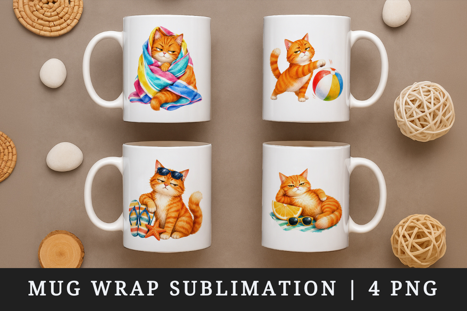 Summer Cat mug wrap printable sublimation design product image 1