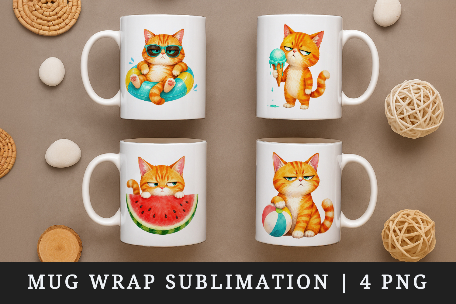 Summer Cat mug wrap printable sublimation design product image 1