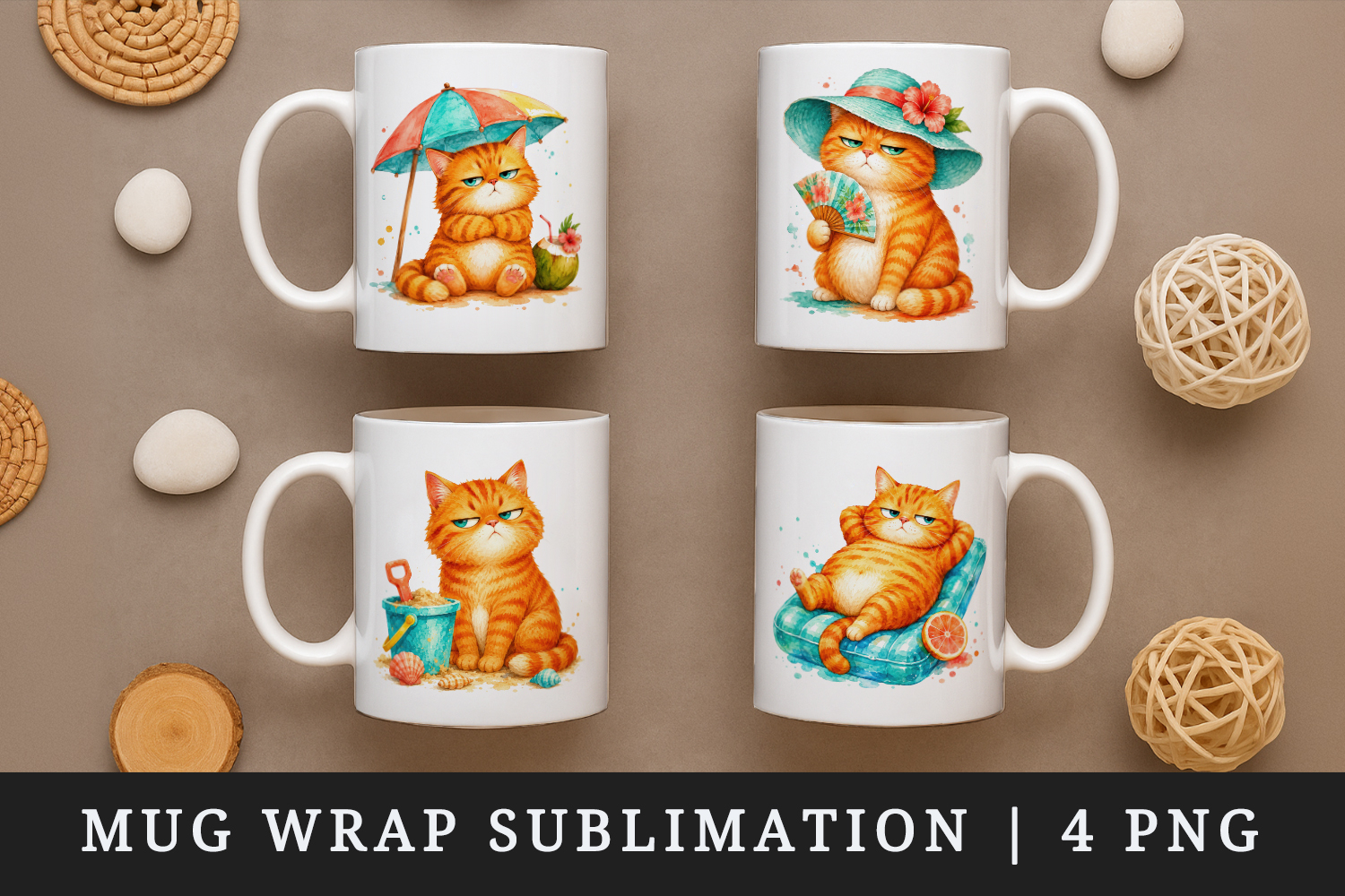 Summer Cat mug wrap printable sublimation design product image 1